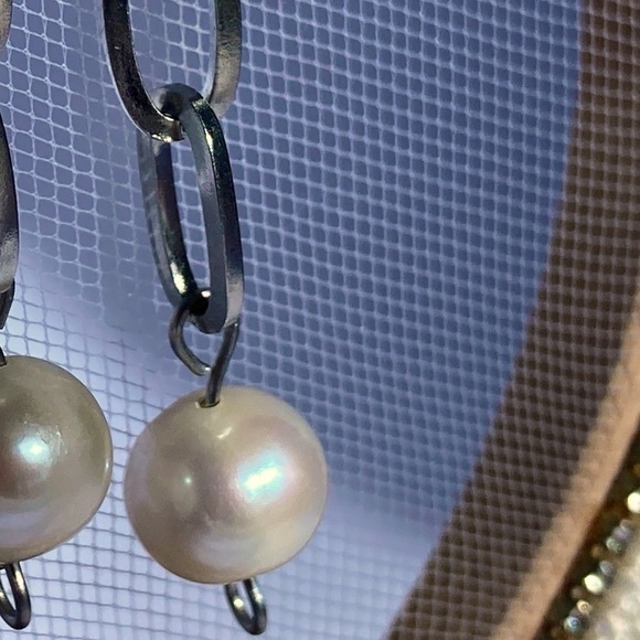 White Freshwater Cultured Pearl and Stainless Steel Paperclip Earrings - Picture 2 of 9